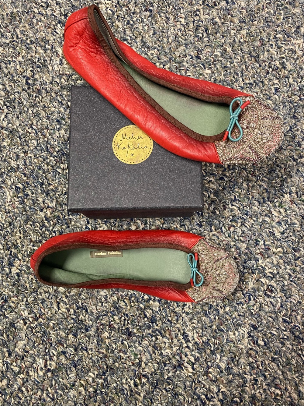 Mejer Kakalia Red Leather Ballet Flats with Embroidered Toe and Bow